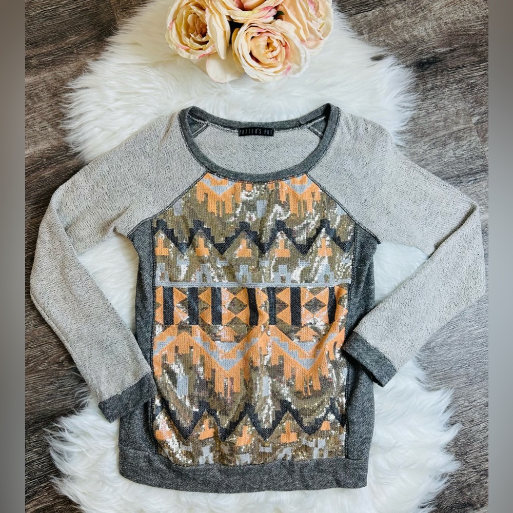 Ladies' Gray and Peach Sequin Front Raglan Sweater